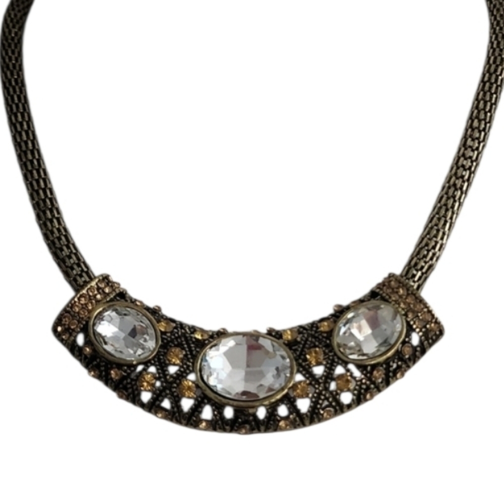 Brass Necklace Gold Clear Rhinestones